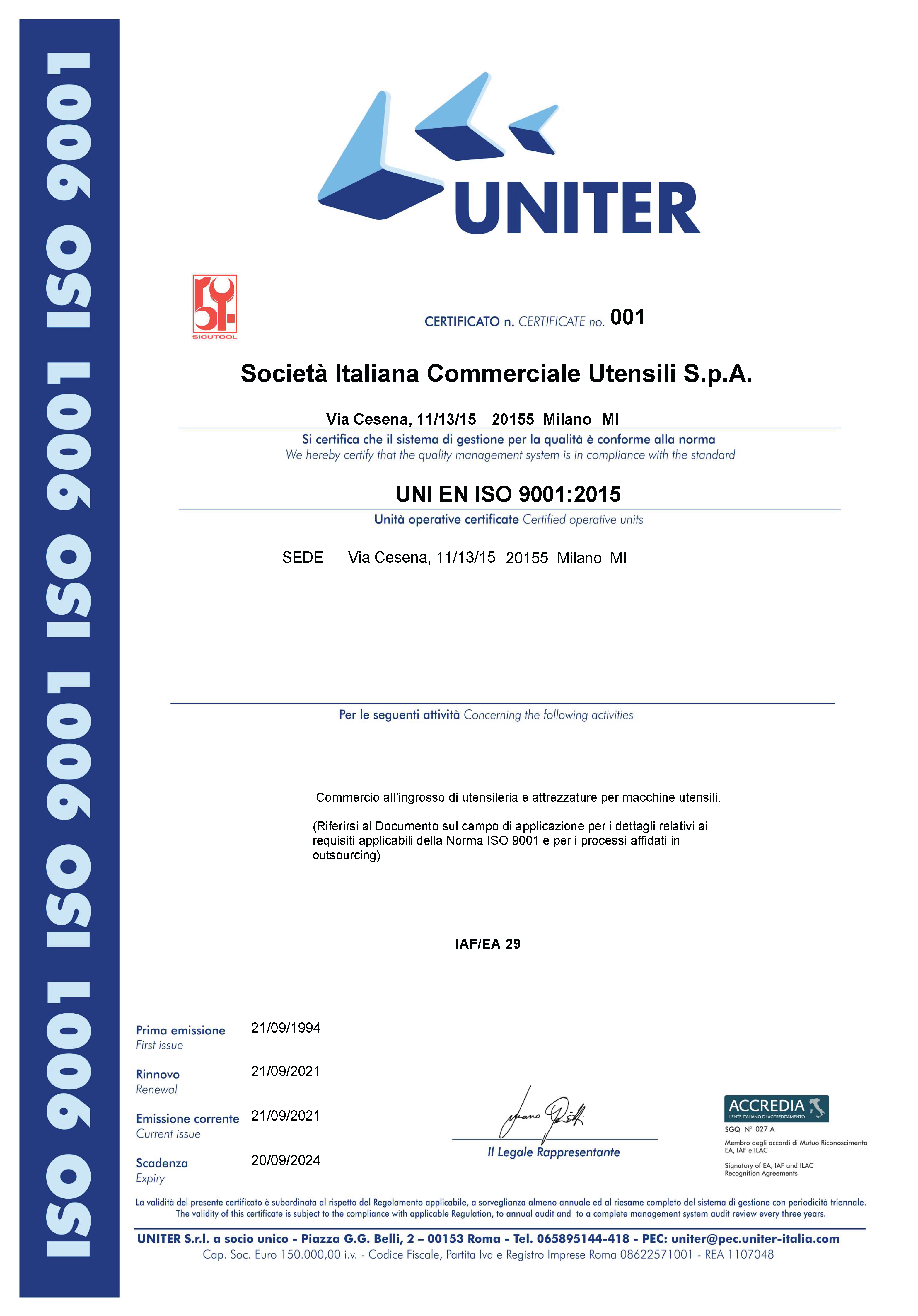 Sicutool - Certificato UNI EN ISO 9001 Sicutool - Certificato UNI EN ISO 9001